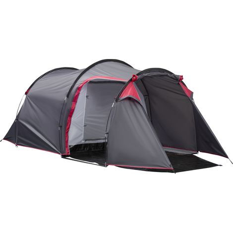 Tente tunnel camping 2-3 personnes étanche ventilée 3 portes fenêtres fibre de verre polyester PE rose foncé 4,26 x 2,06 x 1,54 m