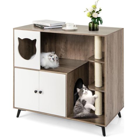 COSTWAY Mobile per Lettiera per Gatti, Cassetta per Gattini con 3 Pali in Sisal per Grattare, Comò per Gattini e 5 Gambe di Supporto in Metallo, Cuccia per Gatti da Interno, 100 x 51 x 91 cm (1/5)