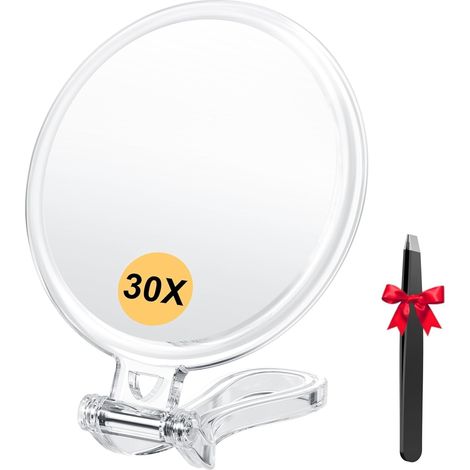 Loupe 30x, miroir à main avec poignée, miroir double face, grossissement 30x/1x, pliable, transparent + pince à épiler (1/5)