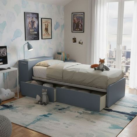 Letto singolo salvaspazio con cassetti e testata contenitiva - Avio (1/5)