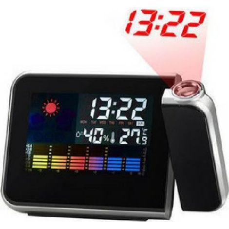 Despertador con proyección, pantalla LED a color, función de repetición de alarma, termómetro/higrómetro, pronóstico del tiempo, para dormitorio (1/5)