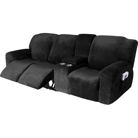 Soft stretch jacquard recliner chair cover with cup holder holes, machine washable furniture protector (3-seater, black) (1/5)