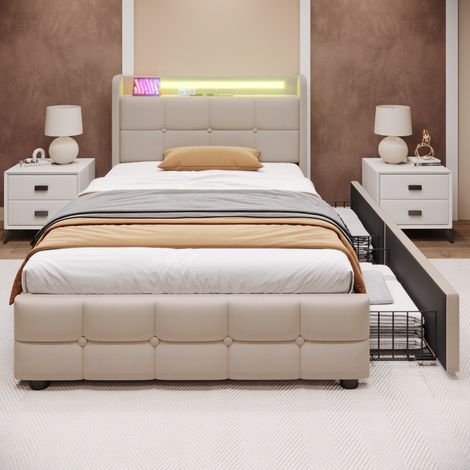 Lit simple en tissu beige 90x200 cm avec LED, prises USB et 2 tiroirs, sommier à lattes inclus (1/5)