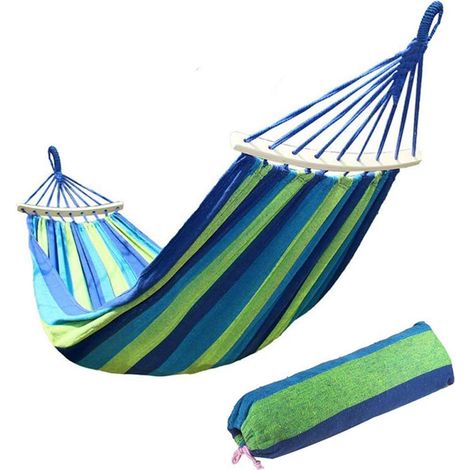 Hamac de jardin 200 x 100 cm avec barres d'écartement en bois – Hamac en toile respirante à rayures et sac de transport pour terrasse/cour (rayures bleues) (1/5)