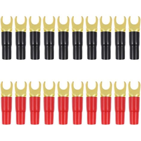 Lot de10 Paires Cuivre Or Plaqué Cosse Fourche Adaptateurs Haut- Parleur À Sertir Barrière Pique Connecteurs Bouchons (Rouge Et Noir) (1/5)