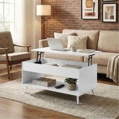 Meuble de Salon avec Plateau Relevable, Vérin à Gaz, Rangement Ouvert, pour Bureau ou Salle à Manger, Balnc