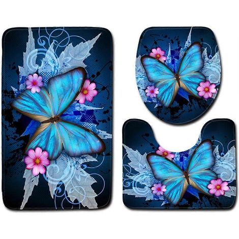 Ensemble de 3 tapis de bain 40 x 60 cm, motif papillons bleus, antidérapants, doux et confortables, lavables. (1/3)