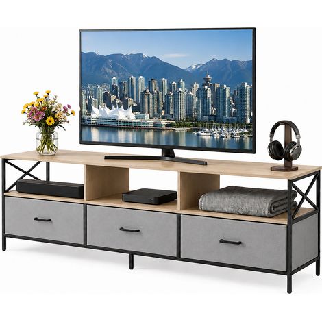 Relaxdays meuble TV bas, 3 tiroirs et rangements, MDF, métal, tissu, H x L x P : 50 x 147 x 40 cm, greige/noir (1/5)
