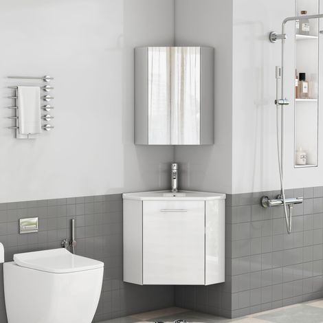 Ensemble de salle de bain d'angle avec lavabo & armoire de toilette, combinaison d'angle blanche gain de place avec lavabo en céramique & protection anti-éclaboussures, charnières amortissantes, entiè (1/5)