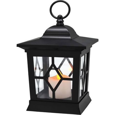 Lanterne à bougie sans flamme à LED suspendue, lumière jaune scintillante, alimentée par batterie et matériau en plastique (noir)
