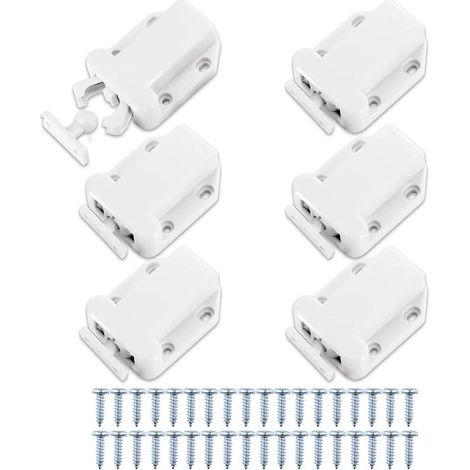 6 pestillos de apertura por presión con liberación táctil para puertas de armarios de cocina (blancos) con tornillos (1/5)
