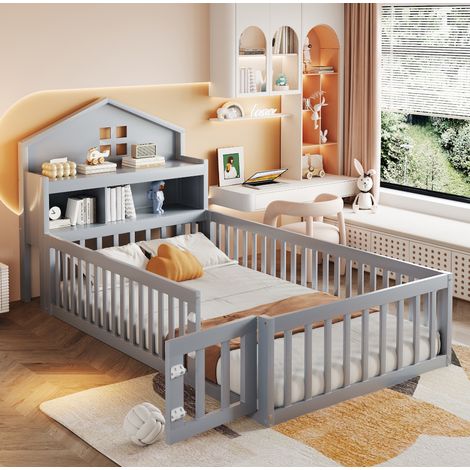 MEUBLIV Cama casita 90x200 cm gris – almacenaje, barrera y puerta, sin colchón (1/5)