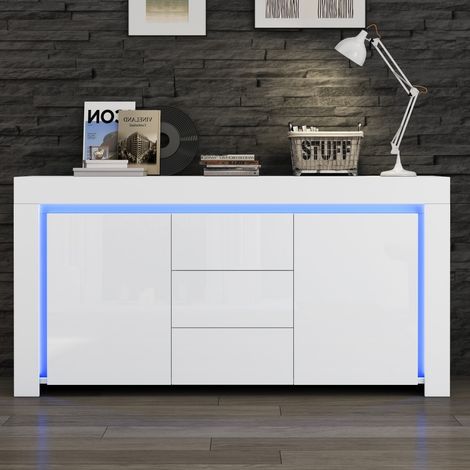 Commode 3 Tiroirs 2 Portes Blanc Laqué 140 cm - Meuble Salon Moderne Éclairage LED - Buffet Rangement Couloir Bureau (1/5)