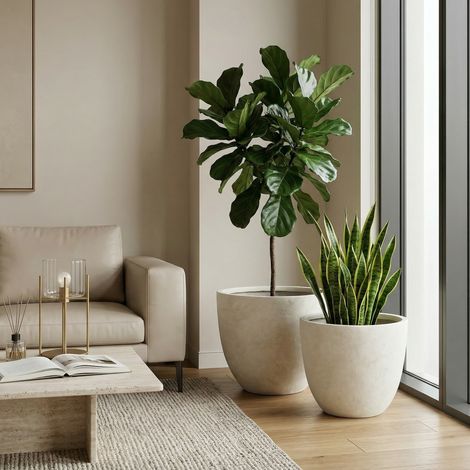 Lot de 2 vases rondes avec drainage, en oxyde de magnésium blanc, 38x32 cm et 45x37 cm