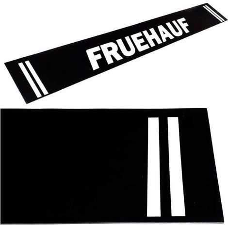 Garde-boue / presse à boue, arrière, 40x240cm, Fruehauf, avec écriture blanche et rayures sur fond noir, en caoutchouc résistant
