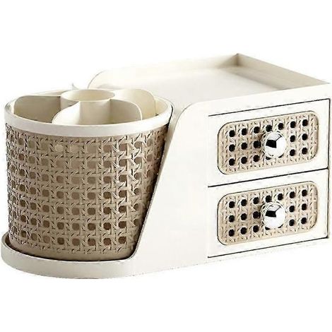Organiseur de bureau vintage en rotin avec porte-stylo rotatif et double tiroir, boîte de rangement pour fournitures de bureau (1/5)