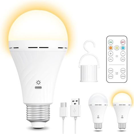 Bombilla LED recargable por USB de 2600 mAh con casquillo E27, temporizador remoto y luz nocturna colgante con gancho. (1/4)