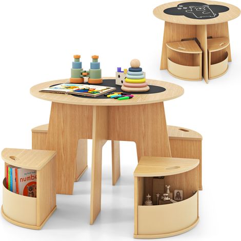 COSTWAY 5 PCS Kids Table and Chair Set with Writable Blackboard Desktop-Natural (1/5)