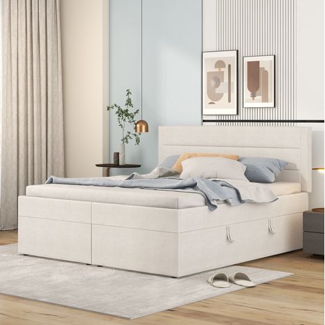Lit double minimaliste 140x200 cm beige, bois massif et MDF, tête de lit en lin, sommier à lattes relevable avec coffre (1/5)