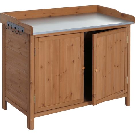 Gartenschrank mit Arbeitsplatte HHG-095, Pflanztisch, Outdoor Tanne Holz MVG-zertifiziert 86x104x52cm braun