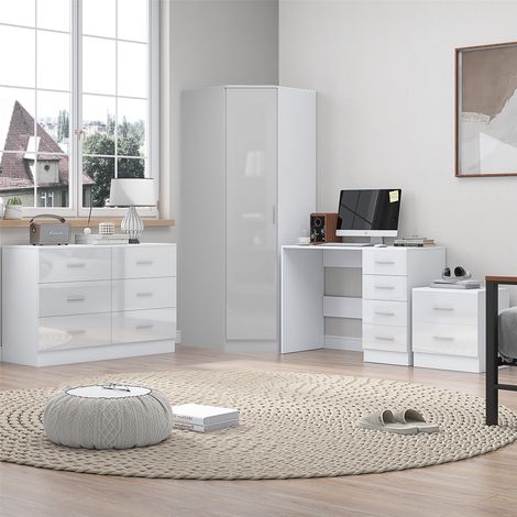 Reflect 1 Door Corner Wardrobe, 6 Drawer Wide Chest, 2 Drawer Bedside, 4 Drawer Desk - White Gloss & Matt White - Modern Bedroom Furniture Set