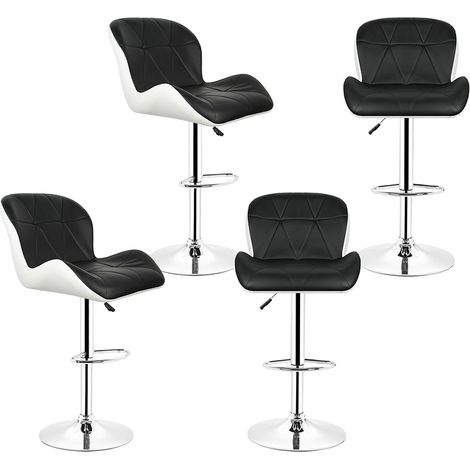 Lot de 4 Tabourets De Bar avec Dossier Hauteur Reglable 62cm - 82cm en Simili PU et PVC Noir/Blanc (1/5)