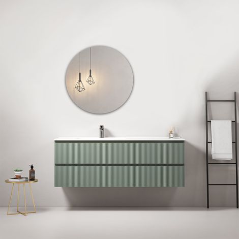 Mobile bagno sospeso cannettato 140 cm Verde Salvia Lavabo a Sinistra in Resina Specchio Tondo - Fiji Paint (1/4)