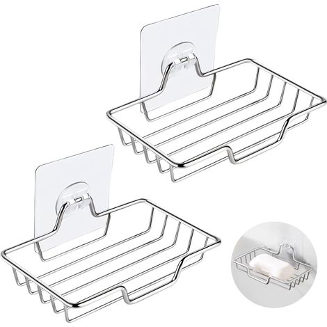 Lot de 2 pote-savon sans peçage en acie inoxydable - Pote-savon mual pou douche, éponge, salle de bain, cuisine (1/3)
