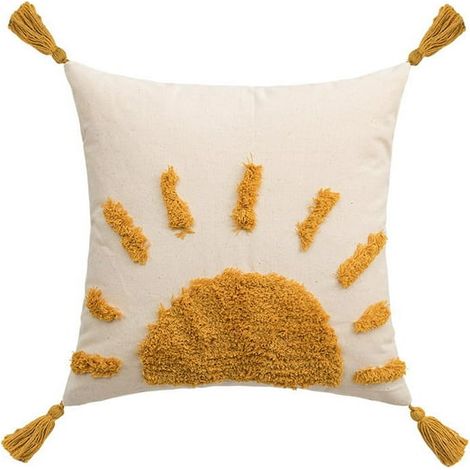 Housse de coussin décorative bohème 45x45 cm, taie de canapé en coton jaune et blanc, coussin touffeté soleil avec pompons, housse de jeté colorée pour salon et chambre, lot de 1 (1/4)