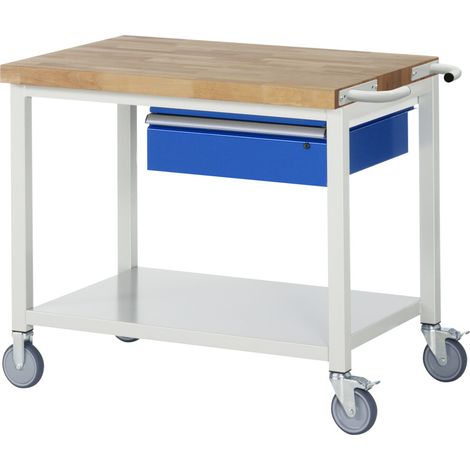 Werkbank Classic B1000xT700xH880mm Buche massiv lichtgrau/blau 1 Schubl.fahrbar (1/5)