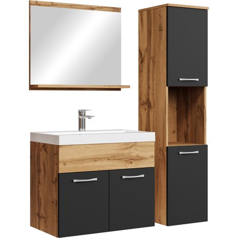 Badplaats – Ensemble de meubles de salle de bain suspendu 60 cm – Meuble vasque avec 2 portes – Vasque en résine blanche – Miroir et colonne assortis – Chêne noir mat