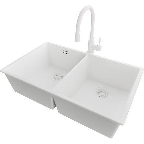 PRIMAGRAN Evier Cuisine en Granit 76x47cm,Lavabo 2 bacs + Robinet 38x14cm + Kit de Vidage, Évier à Encastrer au meuble 80cm - London Slim Twin, Tout Blanc (1/5)