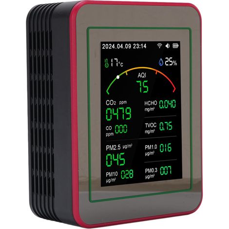 Testeur de qualité de l'air 15 en 1, écran HD 2.8 pouces, CO2 TVOC HCHO PM2.5, minuterie de température et d'humidité, détecteur WIFI, noir + rouge (1/5)