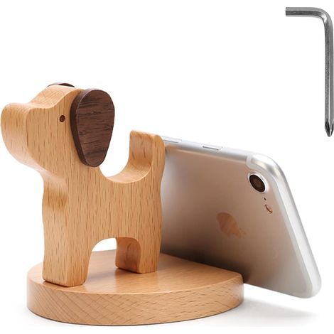 Support de téléphone universel en bois, modèle chien décoratif pour bureau (1/5)