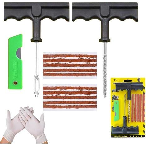 Meche Pneu Crevaison - Kit Reparation Pneu Voiture - Répare en 15 Minutes - Inclut 10 Mèches,1 Outil T spiralé,1 Insert d'outil en T,2 Gants et 1 Cutter - Kit Anti Crevaison Voiture (1/5)