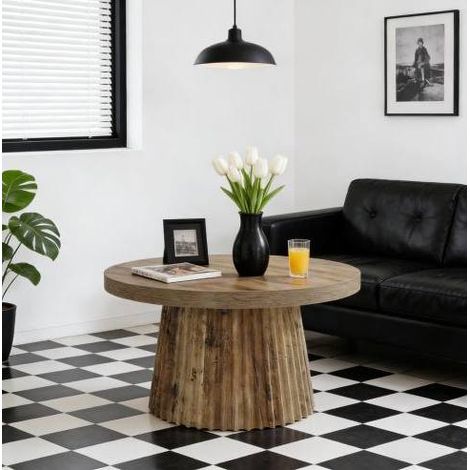 Tavolino da caffè rotondo in MDF marrone, 80 cm, stile moderno con base a colonna rigata (1/5)