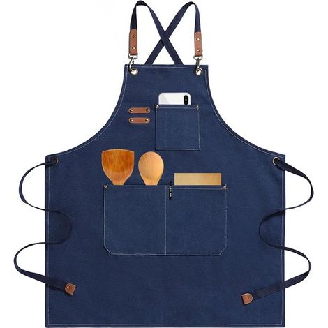 Delantales de lona para hombre y mujer，Delantal unisex con 3 bolsillos，Delantal de trabajo de algodón ajustable，parrilla y cafetería，Azul oscuro (1/5)