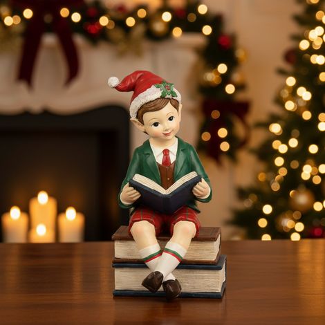 Statuetta Bimbo elfo che legge seduto sui libri, decorazione da h 41 cm (1/4)