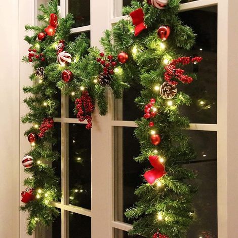 Décoration de Noël canne verte 1,8 mètres 1 avec 30 phares avec pommes de pin, baies rouges, nœuds, boules de Noël, bonbons, couronnes de Noël (1/5)