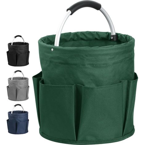 Panier à Outils de Seau avec 6 Poches Extérieures, 17L Sac à Outils Jardinage Rond avec Poignée, Corbeille de Rangement en Tissu Oxford pour Stockage, Panier de Rangement Pliable - Vert (1/5)