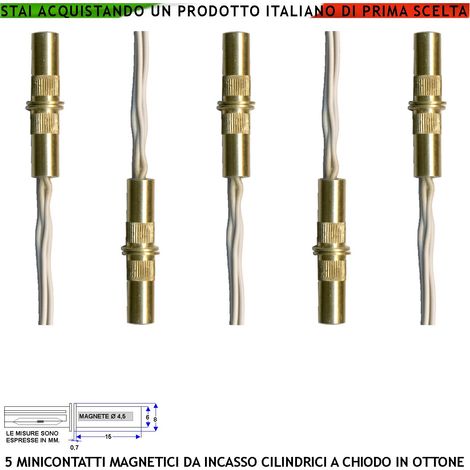 Contatto Magnetico Mini in Ottone da Incasso 5 Pezzi Antifurto Finestre Infissi Contatto Reed NC Sottovuoto Sensibilità Magnetica 10 mm Tensione Max 100 V Carico Resistivo 1 A IP65 4 Fili NC e Tamper (1/2)