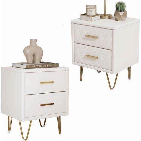 BLANKETSWARM - Lot de 2 Table à Chevet, Table de nuit - 2 Tiroirs - Manches et pieds en couleur doré - Style scandinave pour salon, chambre, 40 x 35 x 51 cm, Beige (1/5)