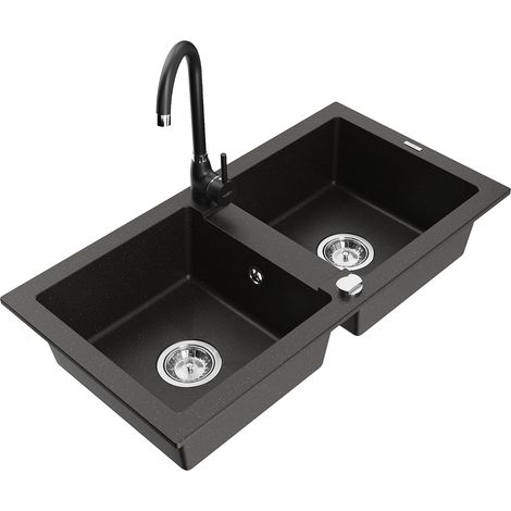 Mexen Mario fregadero de granito 2 c谩maras con grifo de cocina Telma, negro/dorado - 6504-75-670200-70 (1/5)