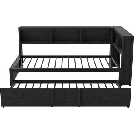 Divano letto in metallo 90 x 200 cm con letto estraibile, contenitori, LED e USB, nero (1/5)