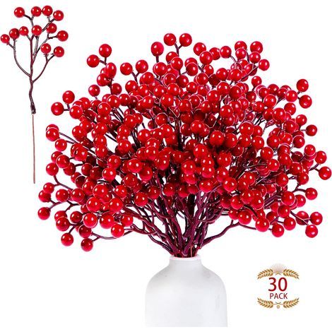 LAOA Set mit 30 künstlichen roten Beerenstielen, 19,8 cm, für Weihnachtsbaumschmuck, DIY-Projekte, Weihnachtsdekoration, Hochzeiten, Feiertage und Heimdekoration (1/5)