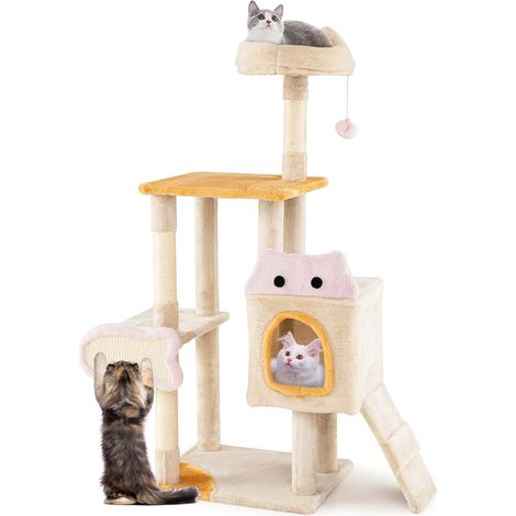 COSTWAY Albero per Gatti da Interno Alto 125 cm, Tiragraffi per Gatti a Più Livelli con Cuscino, Rifugio, Tiragraffi in Sisal a Forma di Pesce, Rampa, Pallina Pendente e Piattaforme (1/5)