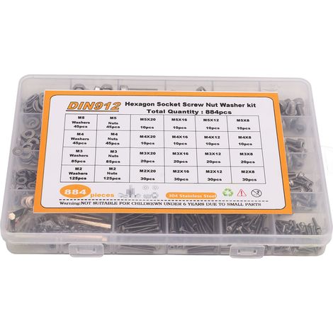 Assortiment de 884 vis, écrous et rondelles M2, M3, M4 et M5 à tête ronde et six pans creux, en acier inoxydable 304 (1/5)
