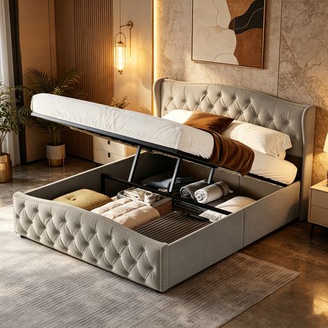 Lit Double 160x200 avec Rangement, Lit Coffre avec sommier à Lattes et tête de lit rembourrée, Lit capitonné en Forme d'oreille avec hydraulique, Continental en Velours, pour Adultes et Adolescents, s (1/5)