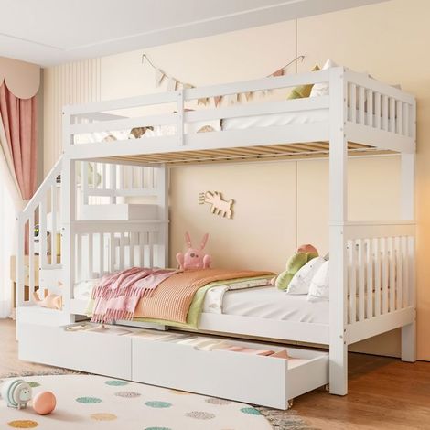 Lit superposé 90x200, garde-corps haute sécurité lit superposé enfant, structure bois massif, rangement intégré, certification EN747