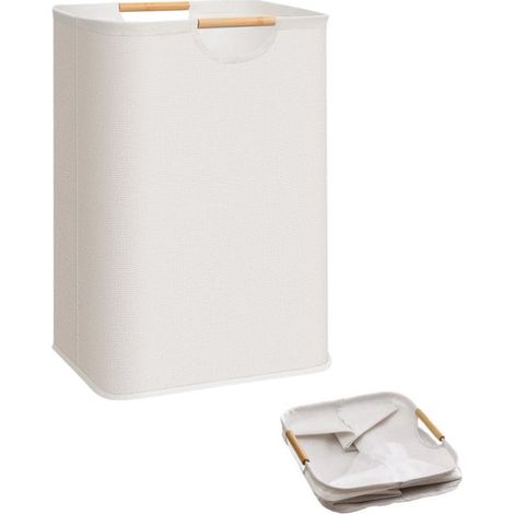 Grand panier à linge - 80 litres (21,1 gallons) - avec poignées en bambou - beige - panier à linge pliable - panier à linge étanche et autonome (1/5)